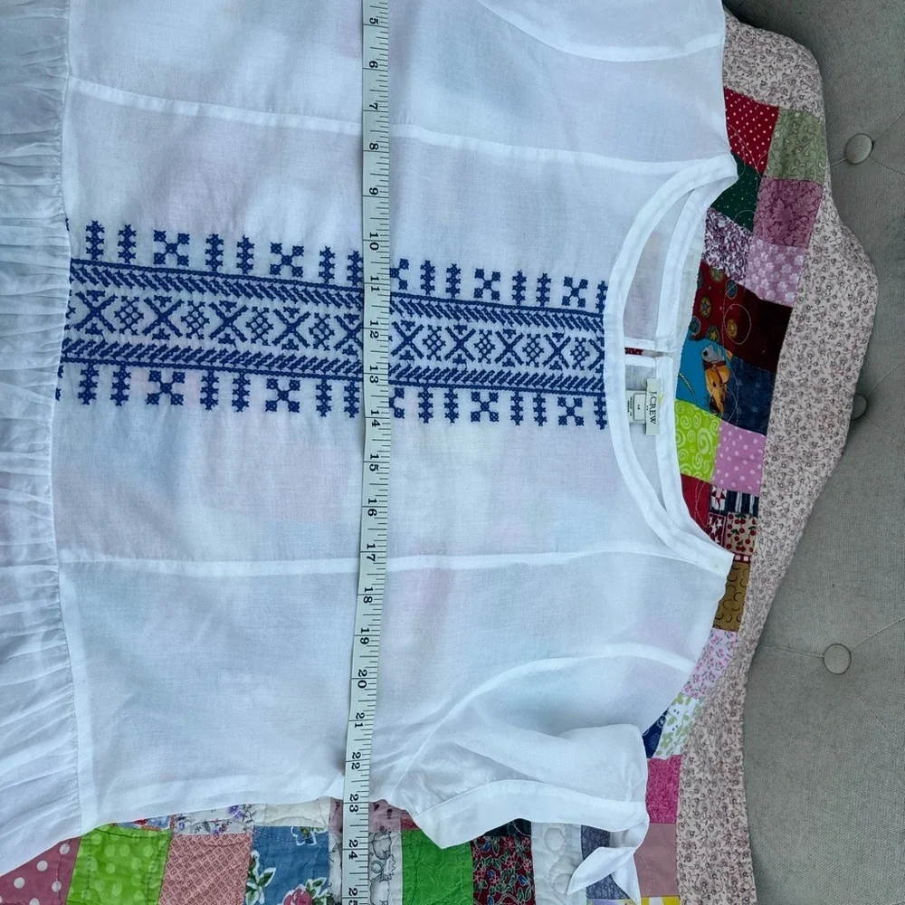 J. Crew White Top with Blue Embroidered Front